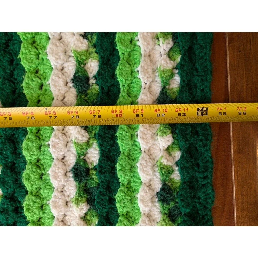 Handmade Green & White Striped Crochet Afghan Blanket 4.5'x7'